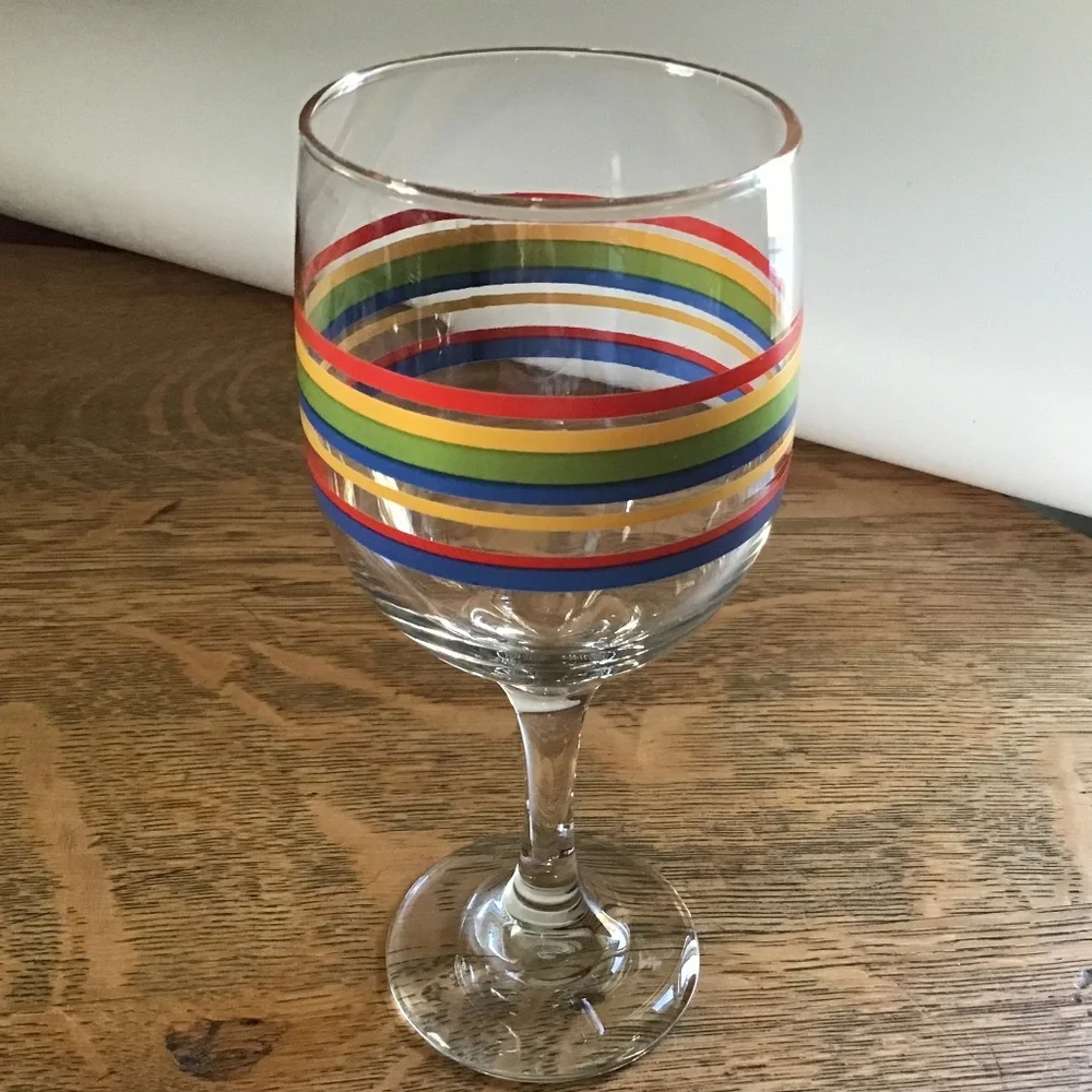 Vintage Libbey Fiesta Mambo Striped Wine Glass Blue Green Red Yellow Rings
